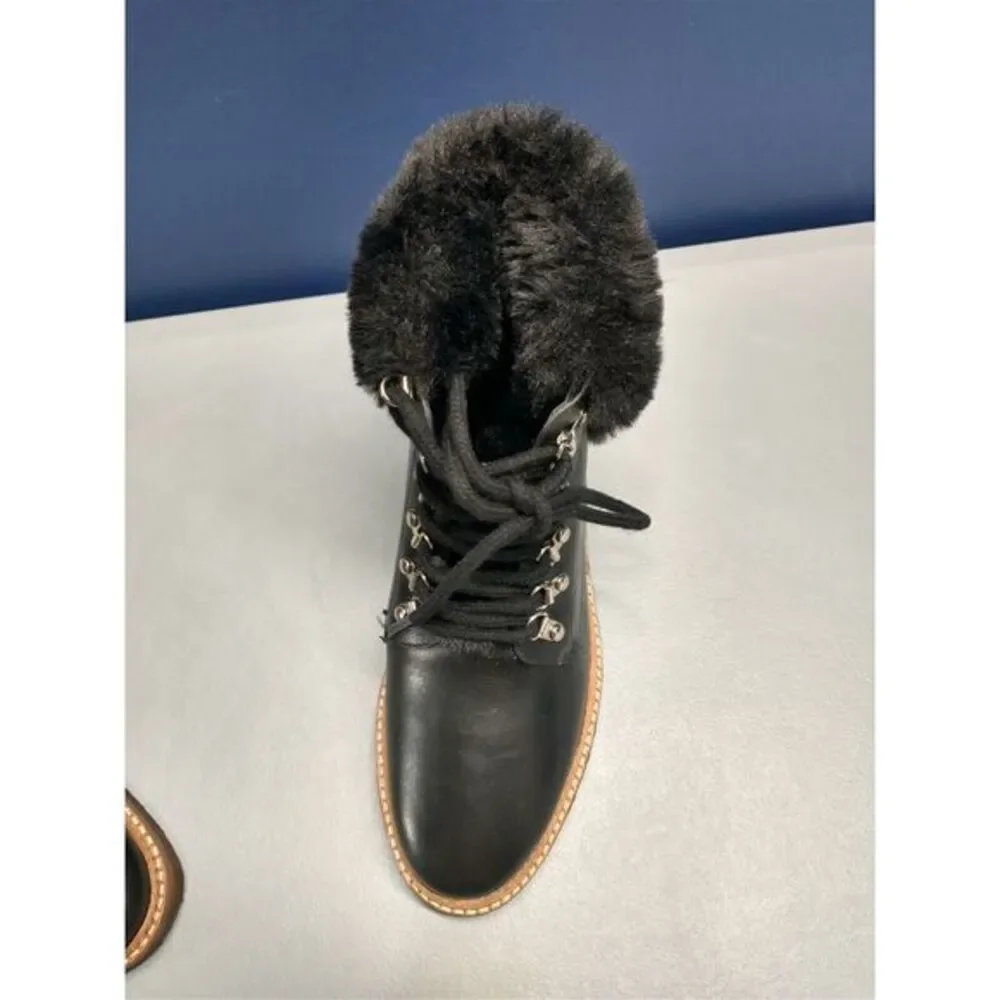 Botkier Winter Boots Womens Size 6 Black Leather Faux Fur Trim Round Toe Lace Up